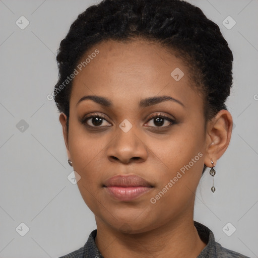 Neutral black young-adult female with short  black hair and brown eyes