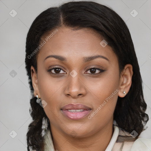 Joyful black young-adult female with medium  brown hair and brown eyes