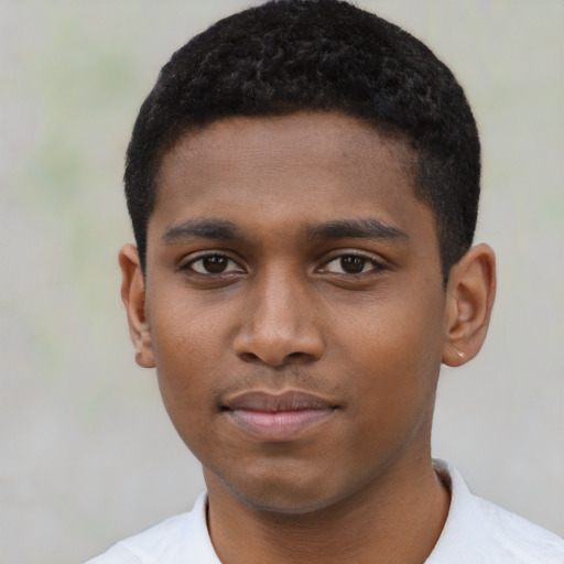 Neutral black young-adult male with short  black hair and brown eyes