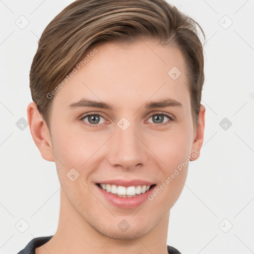 Joyful white young-adult female with short  brown hair and grey eyes