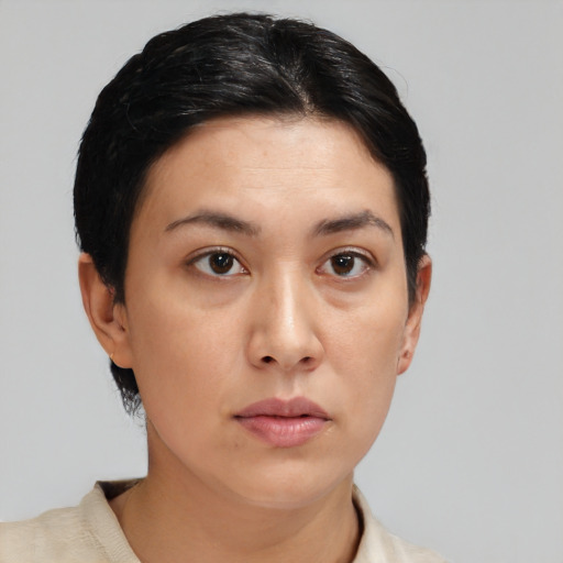 Neutral asian young-adult female with short  black hair and brown eyes