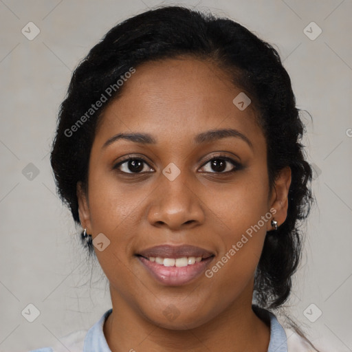 Joyful black young-adult female with medium  black hair and brown eyes