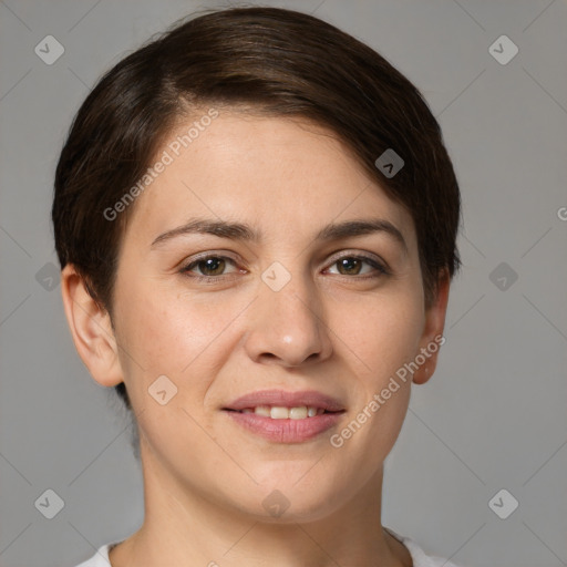 Joyful white young-adult female with short  brown hair and brown eyes