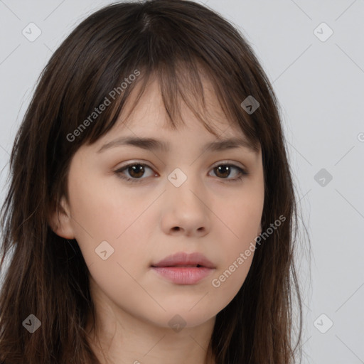 Neutral white young-adult female with long  brown hair and brown eyes