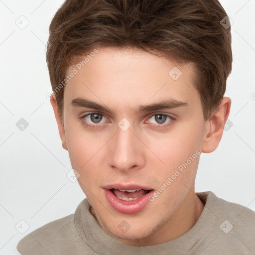 Neutral white young-adult male with short  brown hair and brown eyes