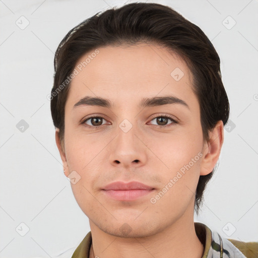 Neutral white young-adult male with short  brown hair and brown eyes