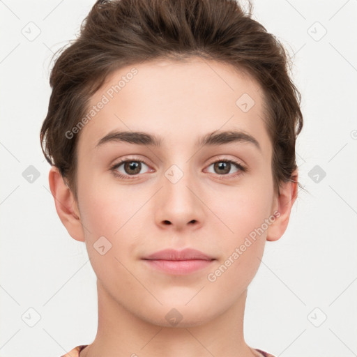 Neutral white young-adult female with short  brown hair and brown eyes