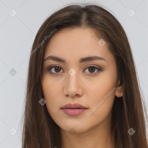 Neutral white young-adult female with long  brown hair and brown eyes