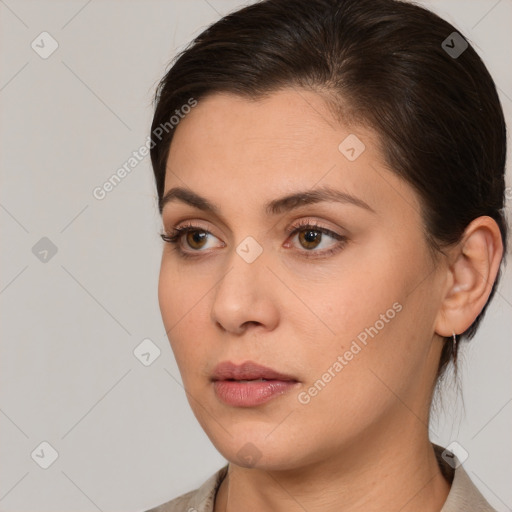 Neutral white young-adult female with medium  brown hair and brown eyes