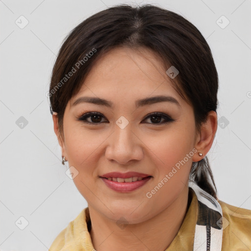 Joyful white young-adult female with medium  brown hair and brown eyes