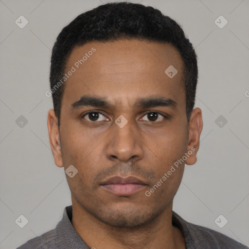 Neutral latino young-adult male with short  black hair and brown eyes