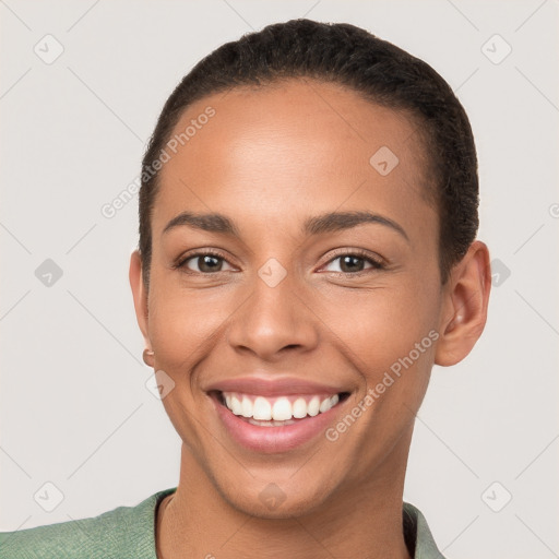 Joyful white young-adult female with short  brown hair and brown eyes