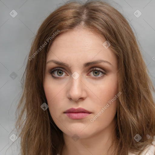 Neutral white young-adult female with long  brown hair and brown eyes