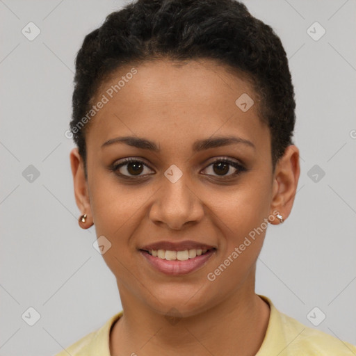 Joyful latino young-adult female with short  brown hair and brown eyes