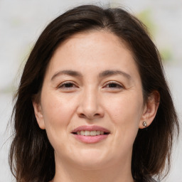 Joyful white adult female with medium  brown hair and brown eyes