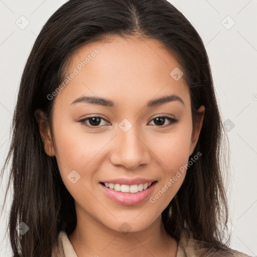 Joyful white young-adult female with long  brown hair and brown eyes