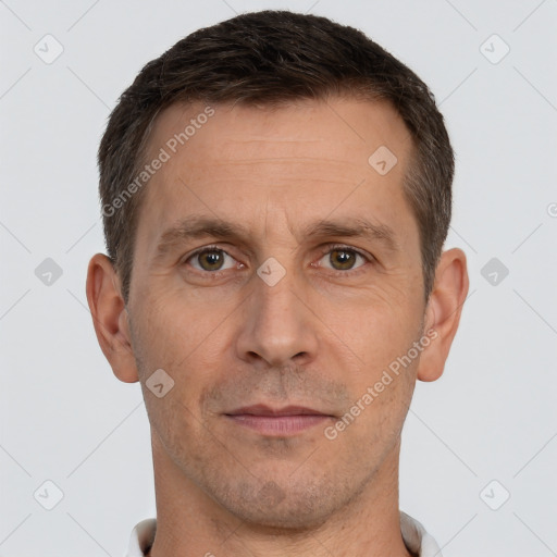 Neutral white adult male with short  brown hair and brown eyes