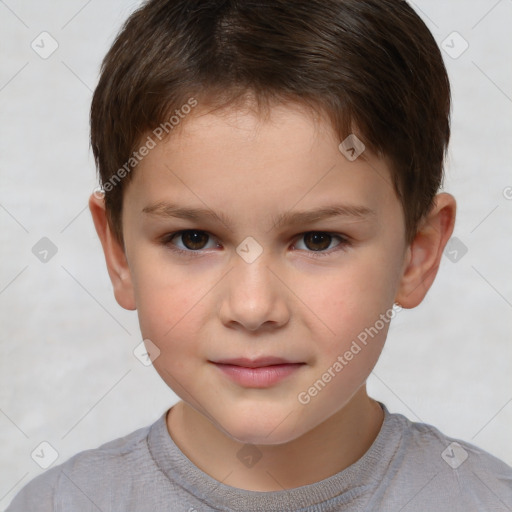 Joyful white child male with short  brown hair and brown eyes