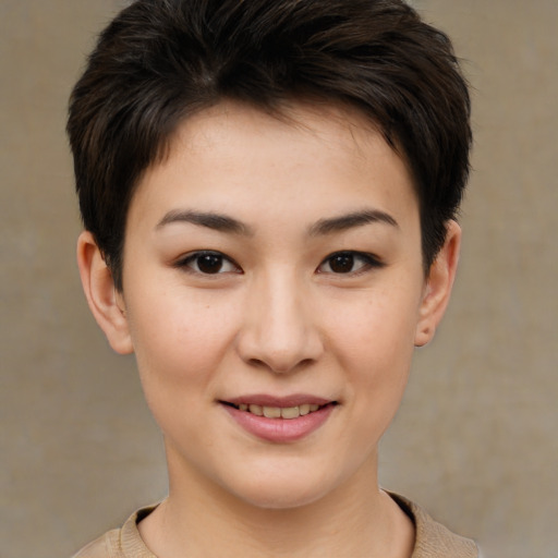 Joyful asian young-adult female with short  brown hair and brown eyes