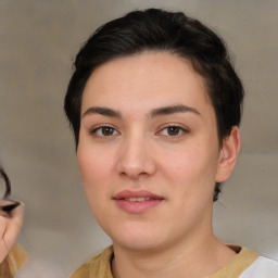 Neutral white young-adult female with short  brown hair and brown eyes