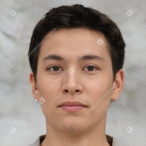 Neutral asian young-adult male with short  brown hair and brown eyes