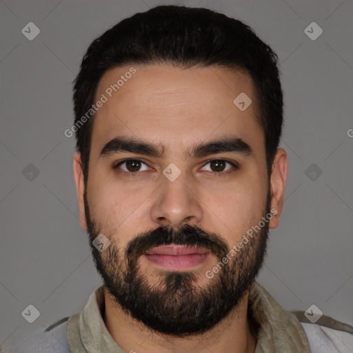 Neutral latino young-adult male with short  black hair and brown eyes