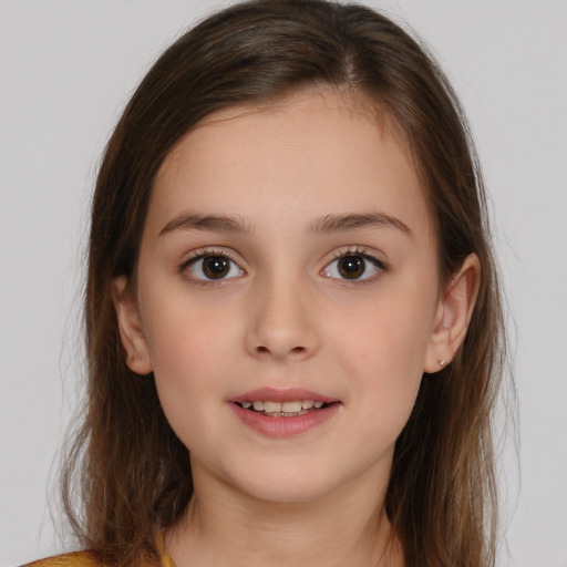 Joyful white child female with medium  brown hair and brown eyes