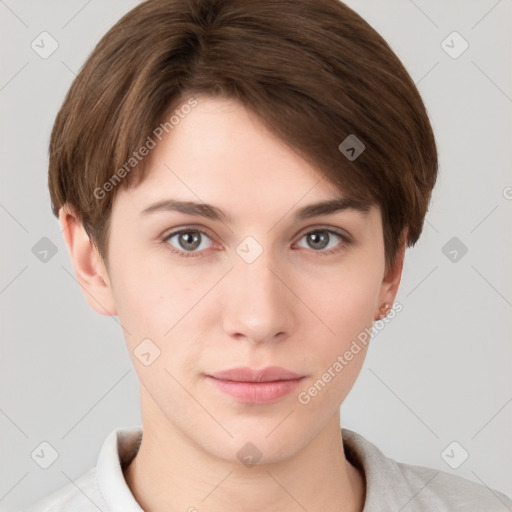 Neutral white young-adult female with short  brown hair and brown eyes