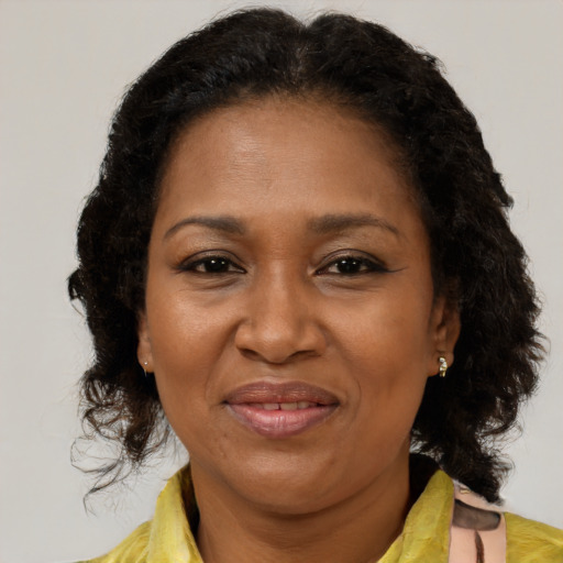 Joyful black adult female with medium  brown hair and brown eyes