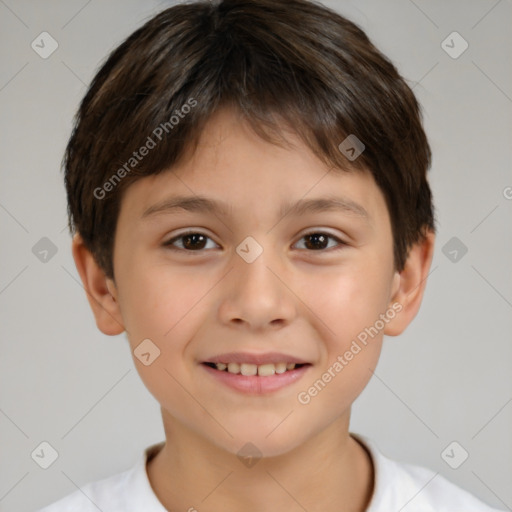 Joyful white child male with short  brown hair and brown eyes