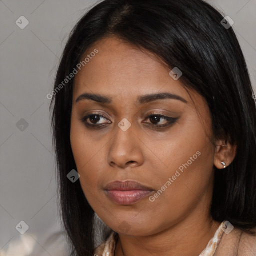 Joyful asian young-adult female with long  brown hair and brown eyes