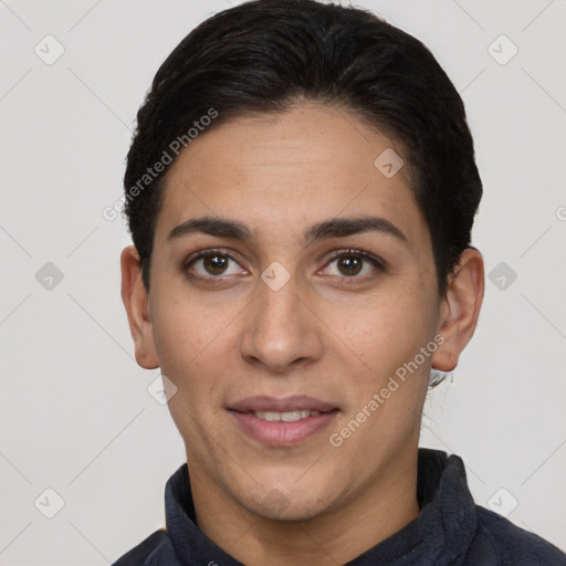 Joyful white young-adult female with short  brown hair and brown eyes