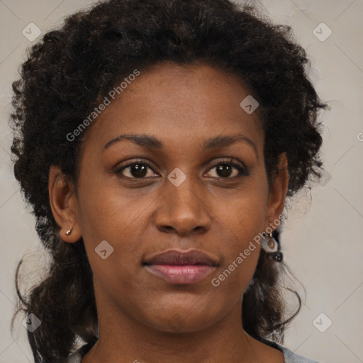 Neutral black young-adult female with medium  brown hair and brown eyes