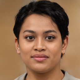 Joyful asian young-adult female with short  brown hair and brown eyes