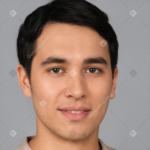 Joyful white young-adult male with short  black hair and brown eyes