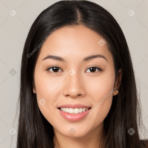 Joyful latino young-adult female with long  brown hair and brown eyes