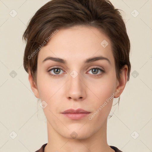 Neutral white young-adult female with short  brown hair and brown eyes