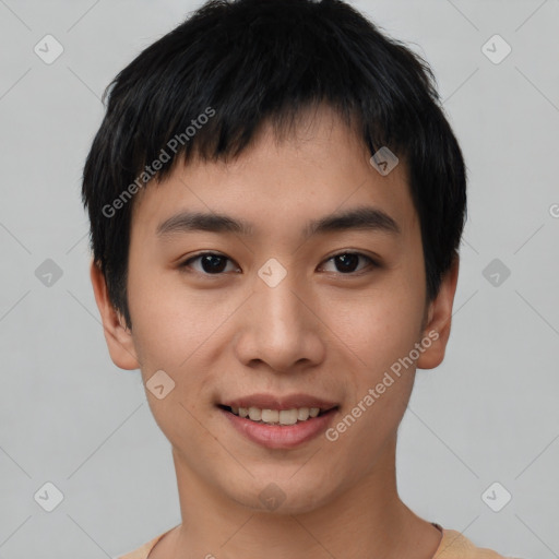 Joyful asian young-adult male with short  black hair and brown eyes