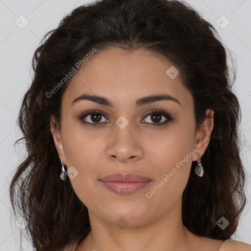 Joyful latino young-adult female with long  brown hair and brown eyes