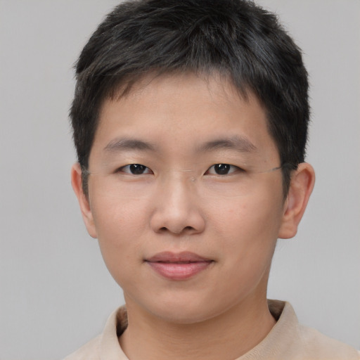 Neutral asian young-adult male with short  brown hair and brown eyes