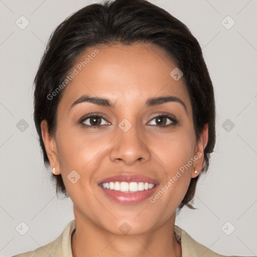 Joyful white young-adult female with medium  brown hair and brown eyes