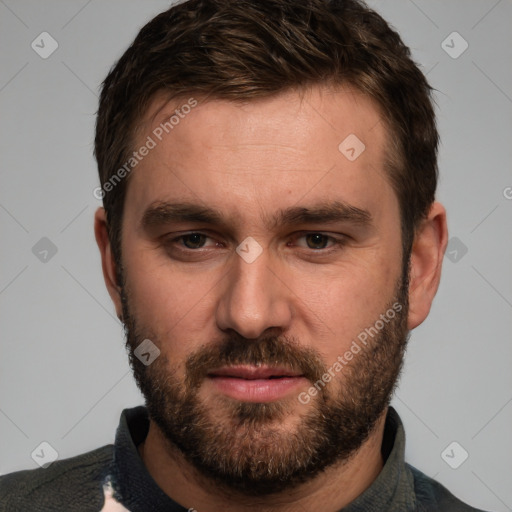 Neutral white young-adult male with short  brown hair and brown eyes