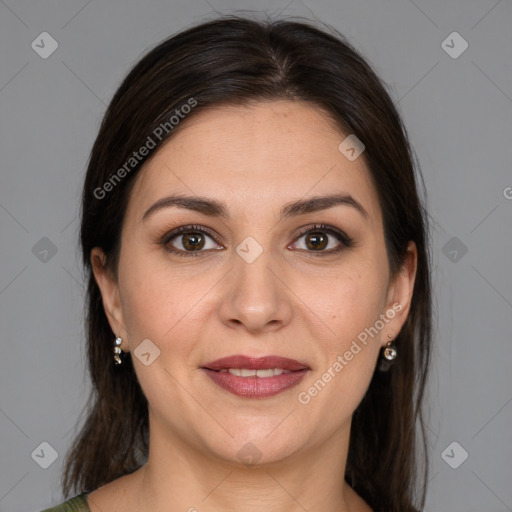 Joyful white young-adult female with medium  brown hair and brown eyes