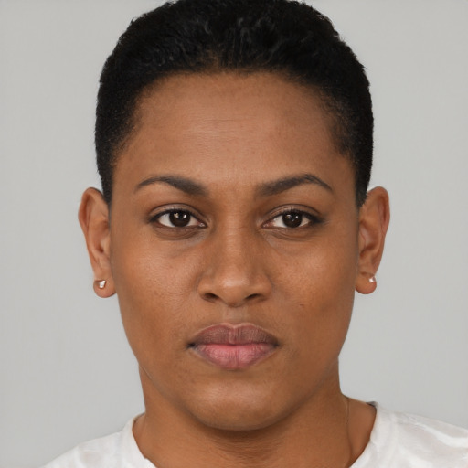 Neutral black young-adult female with short  black hair and brown eyes