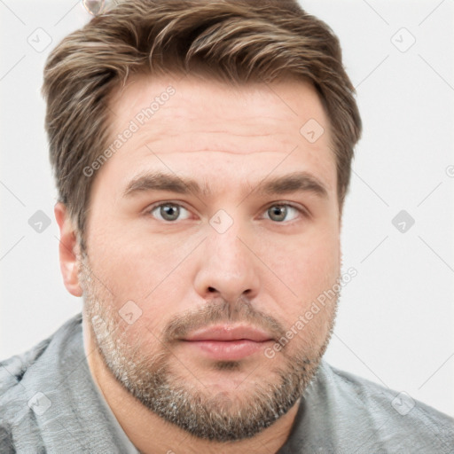 Neutral white young-adult male with short  brown hair and grey eyes