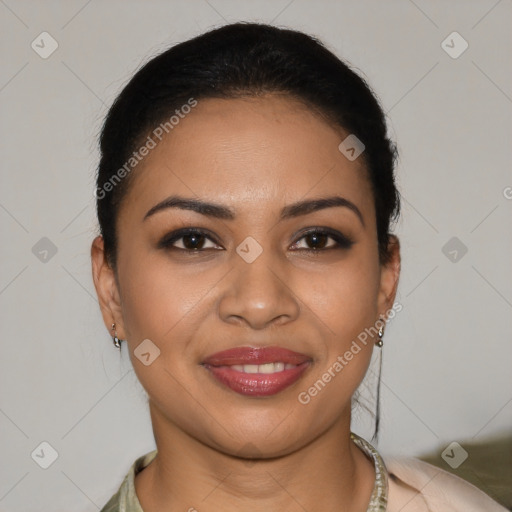 Joyful latino young-adult female with short  brown hair and brown eyes