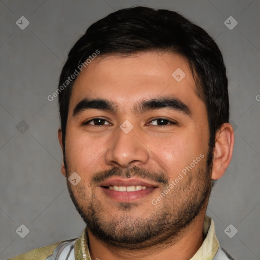 Joyful white young-adult male with short  black hair and brown eyes