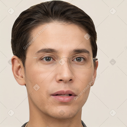 Neutral white young-adult male with short  brown hair and brown eyes