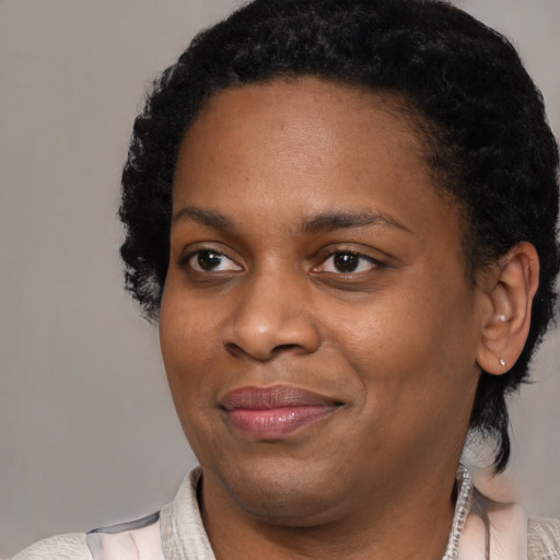 Joyful black adult female with short  black hair and brown eyes