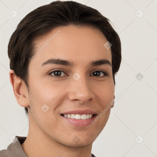 Joyful white young-adult female with short  brown hair and brown eyes